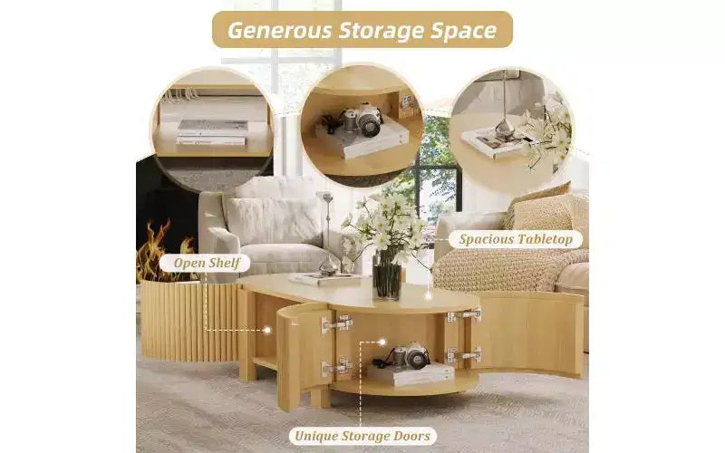 Table basse ovale rainurée JVNOXK de 47 pouces, adaptée aux salons, en bois d'hévéa massif avec 1 étagère et 2 portes de rangement, bois naturel