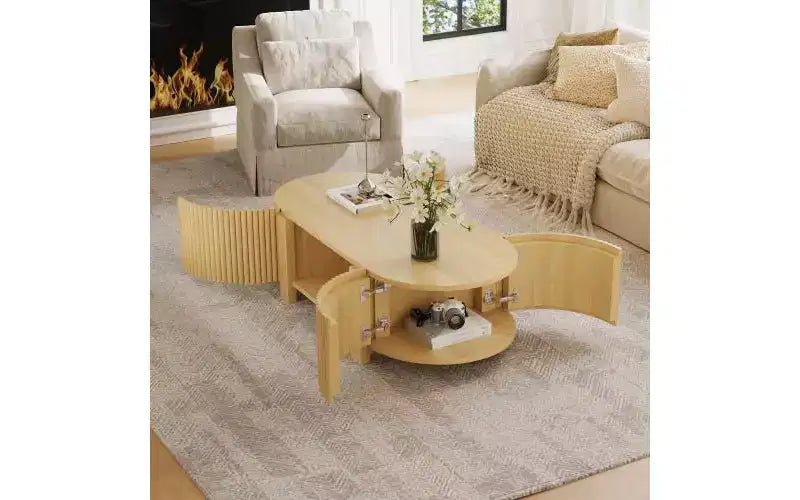 Table basse ovale rainurée JVNOXK de 47 pouces, adaptée aux salons, en bois d'hévéa massif avec 1 étagère et 2 portes de rangement, bois naturel