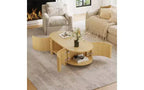 Table basse ovale rainurée JVNOXK de 47 pouces, adaptée aux salons, en bois d'hévéa massif avec 1 étagère et 2 portes de rangement, bois naturel