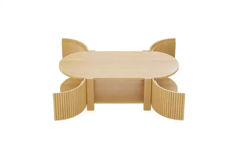 Table basse ovale rainurée JVNOXK de 47 pouces, adaptée aux salons, en bois d'hévéa massif avec 1 étagère et 2 portes de rangement, bois naturel