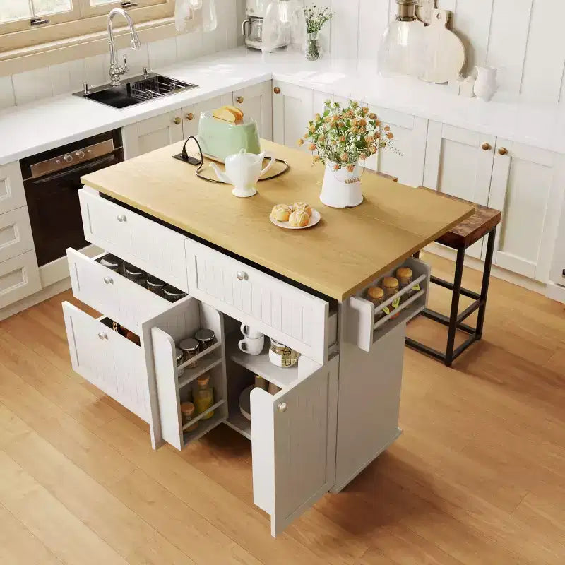 Table de cuisson de 53 po pour îlot de cuisine avec 2 places assises, ensemble de table de cuisson d'îlot de cuisine mobile avec rangement pour cuisine ou salle à manger - Panipeachy