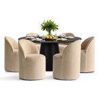 Ensemble table à manger ronde moderne pour 6, Table à manger piédestal noire, Chaises pivotantes roulantes en chenille avec roulettes - Panipeachy