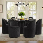 Ensemble table à manger ronde moderne pour 6, Table à manger piédestal noire, Chaises pivotantes roulantes en chenille avec roulettes - Panipeachy