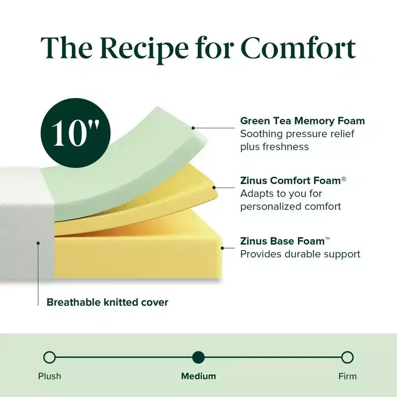 Matelas en mousse à mémoire de forme au thé vert ZINUS 10 pouces Queen, sans fibre de verre, fermeté moyenne, zones de soulagement de la pression, mousses et tissus certifiés sans danger.