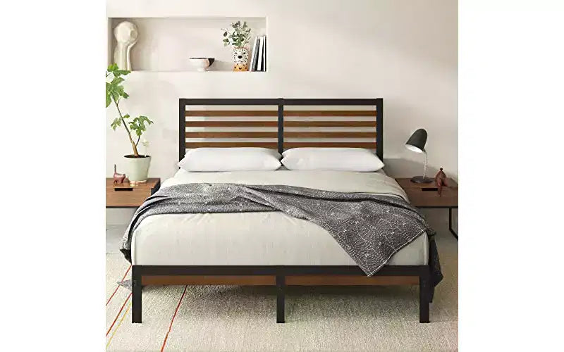 Cadre de lit plateforme Zinus Kai en bambou et métal avec tête de lit, aucun sommier tapissier requis, assemblage facile, grand format, marron