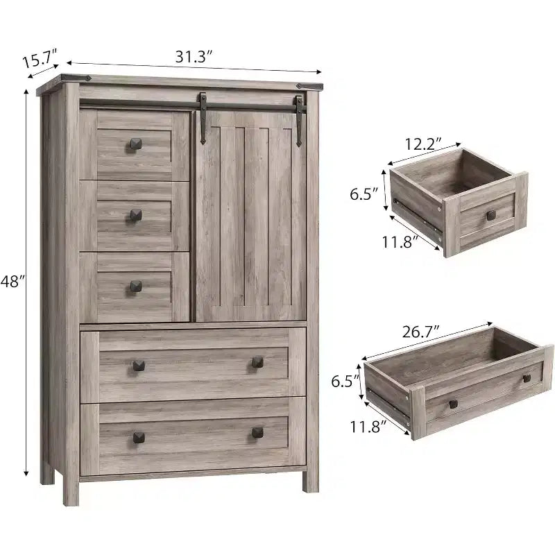 Commode de ferme 5 tiroirs de 48 po avec porte de grange coulissante, étagère réglable pour chambre à coucher, salon, grise