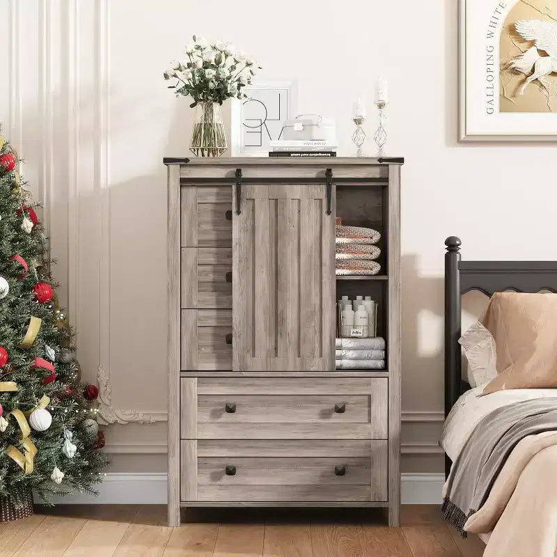 Commode de ferme 5 tiroirs de 48 po avec porte de grange coulissante, étagère réglable pour chambre à coucher, salon, grise