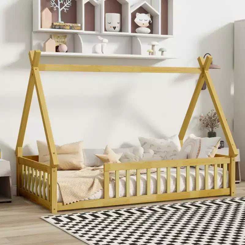 Lit de sol Bellemave en forme de tente, taille double, avec barrières de sécurité et lattes