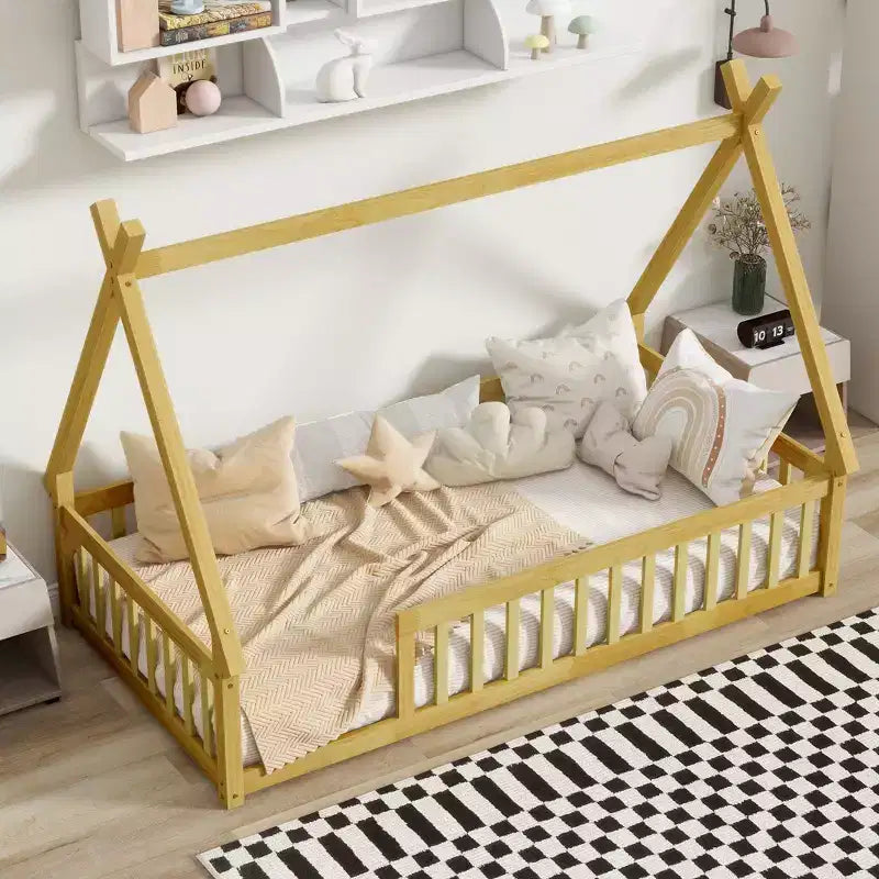 Lit de sol Bellemave en forme de tente, taille double, avec barrières de sécurité et lattes