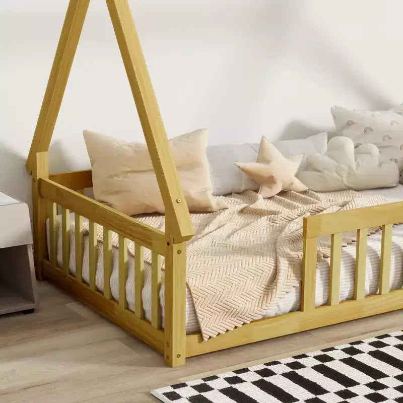Lit de sol Bellemave en forme de tente, taille double, avec barrières de sécurité et lattes