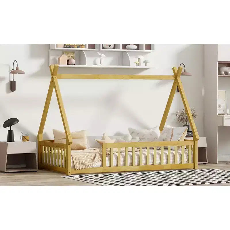 Lit de sol Bellemave en forme de tente, taille double, avec barrières de sécurité et lattes