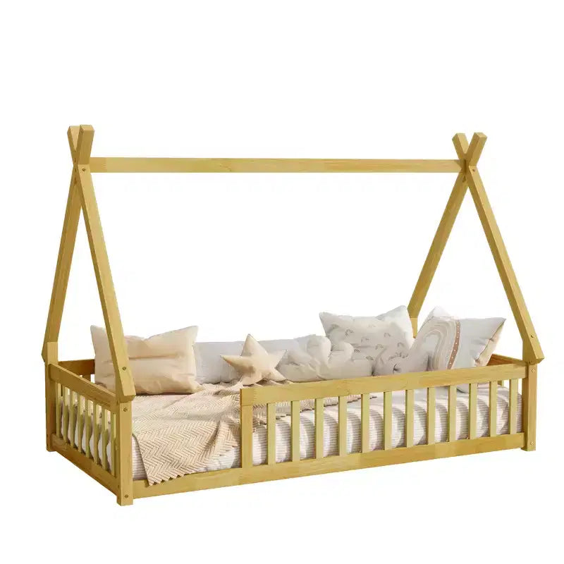 Lit de sol Bellemave en forme de tente, taille double, avec barrières de sécurité et lattes