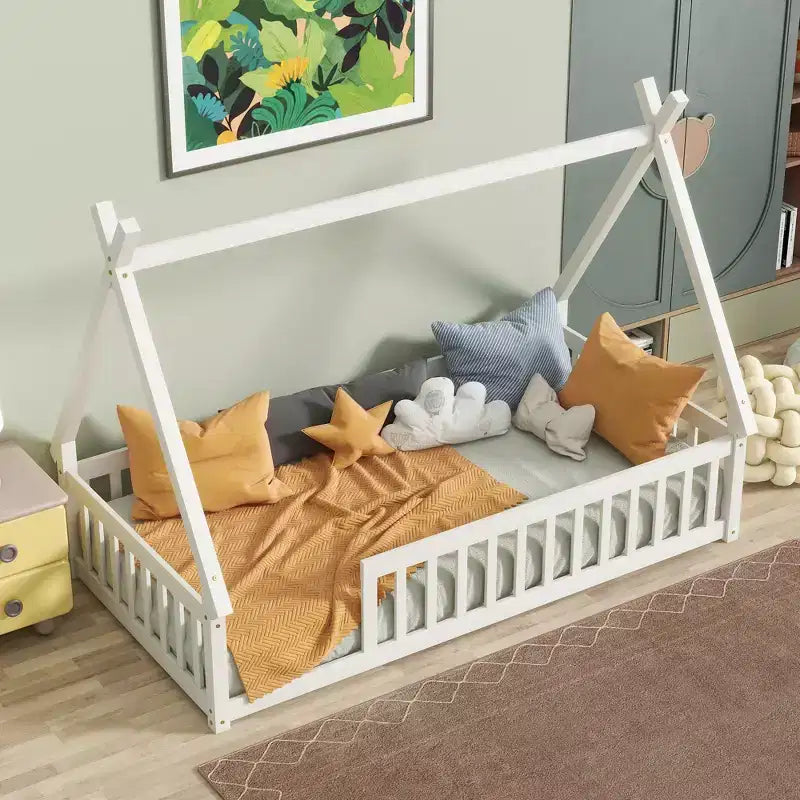 Lit de sol Bellemave en forme de tente, taille double, avec barrières de sécurité et lattes