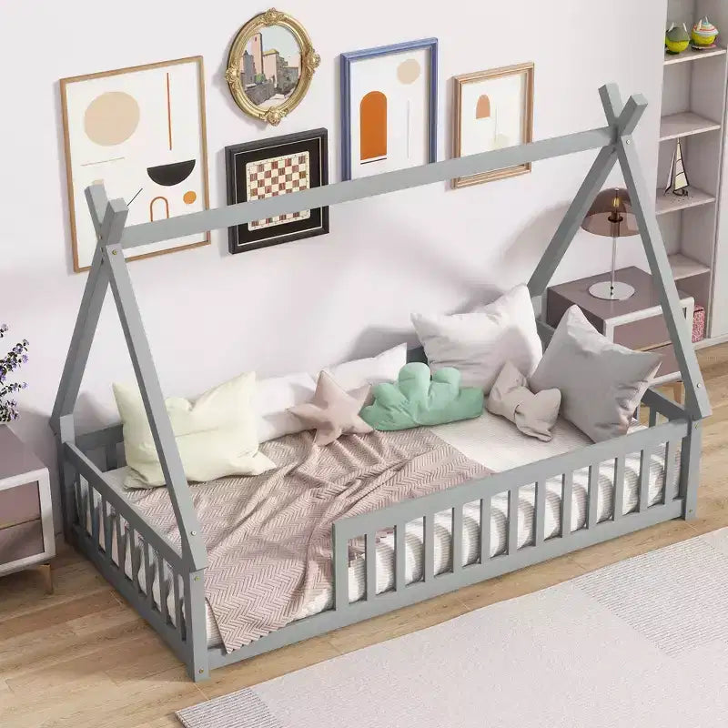 Lit de sol Bellemave en forme de tente, taille double, avec barrières de sécurité et lattes