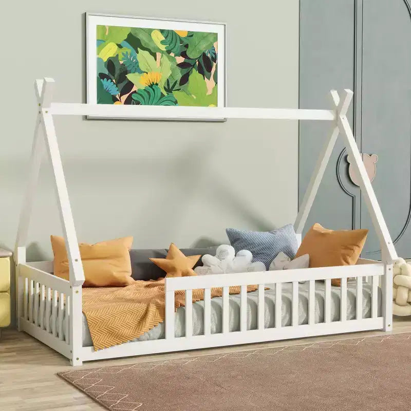 Lit de sol Bellemave en forme de tente, taille double, avec barrières de sécurité et lattes