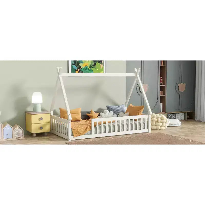 Lit de sol Bellemave en forme de tente, taille double, avec barrières de sécurité et lattes