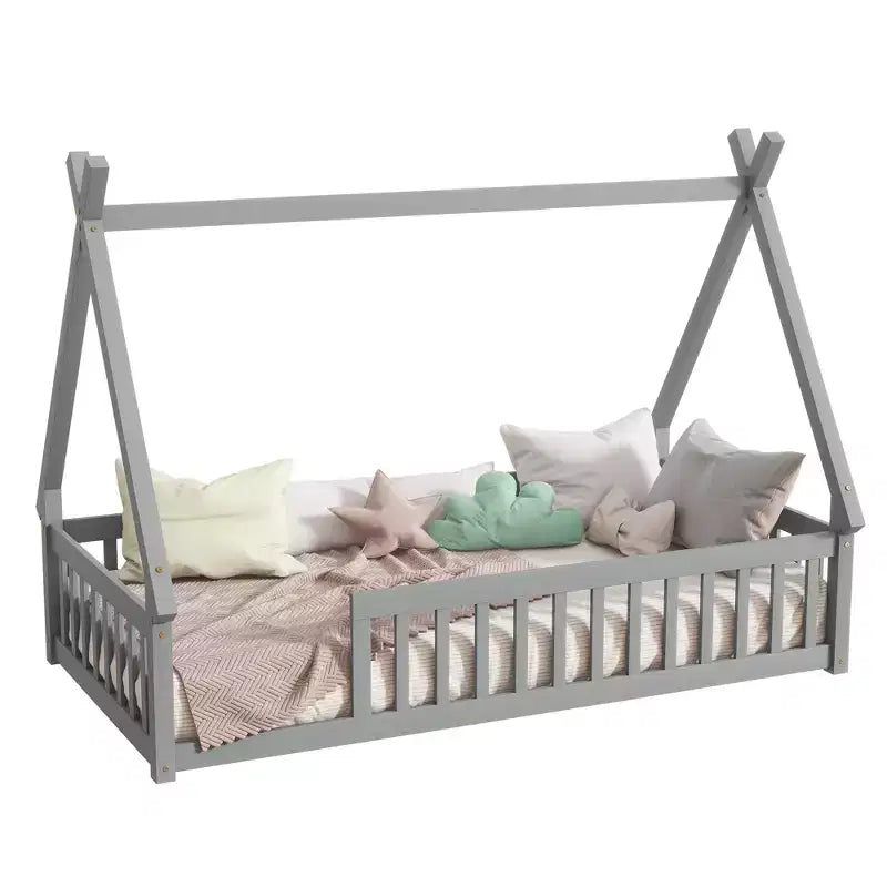 Lit de sol Bellemave en forme de tente, taille double, avec barrières de sécurité et lattes