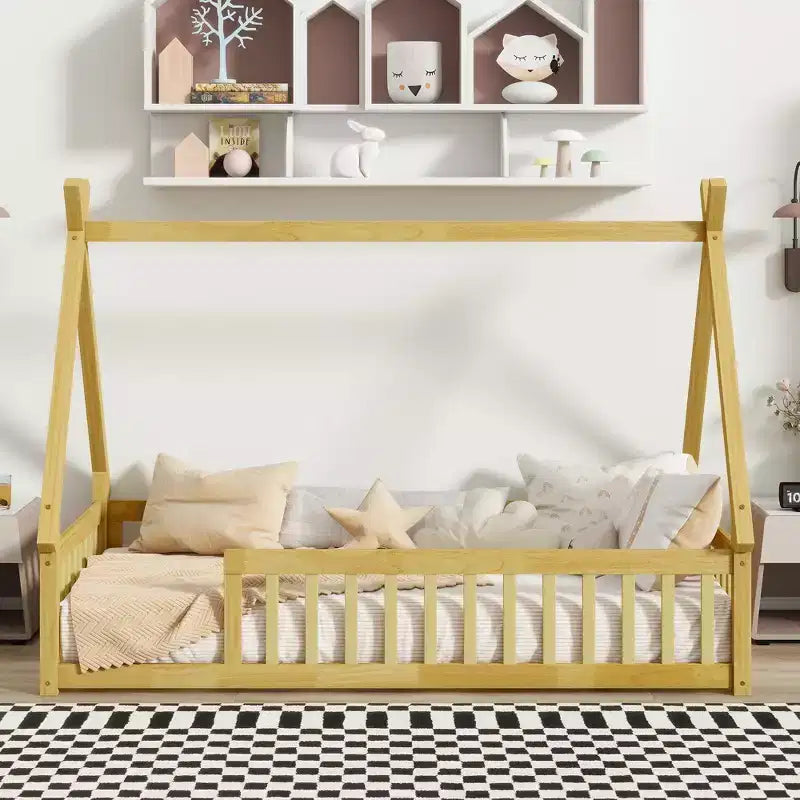 Lit de sol Bellemave en forme de tente, taille double, avec barrières de sécurité et lattes