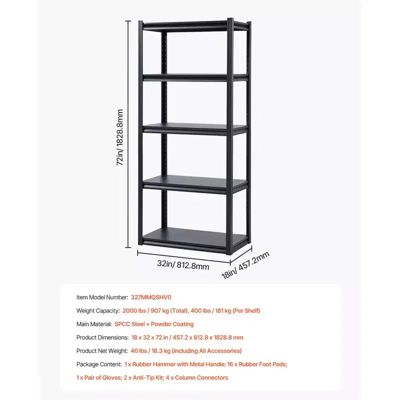 Étagères de rangement VEVOR, 907 kg, 5 niveaux, 45,7 P x 81,3 L x 182,9 H cm, étagères métalliques réglables noires pour garage, cellier, etc.