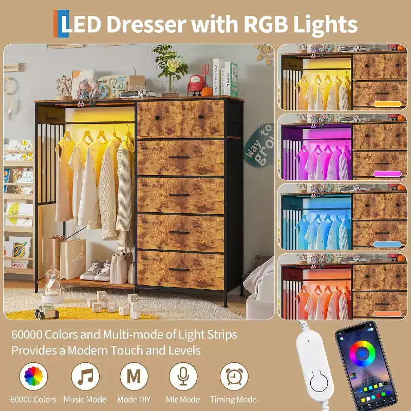COZONY 49 Commode avec tringle et lumières LED, organiseur de placard à 6 tiroirs avec station de charge, tour de rangement haute, commode à plateau en bois réversible