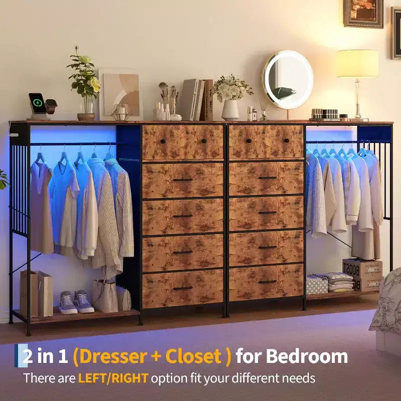 COZONY 49 Commode avec tringle et lumières LED, organiseur de placard à 6 tiroirs avec station de charge, tour de rangement haute, commode à plateau en bois réversible