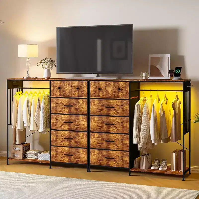 COZONY 49 Commode avec tringle et lumières LED, organiseur de placard à 6 tiroirs avec station de charge, tour de rangement haute, commode à plateau en bois réversible
