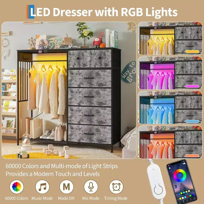 COZONY 49 Commode avec tringle et lumières LED, organiseur de placard à 6 tiroirs avec station de charge, tour de rangement haute, commode à plateau en bois réversible