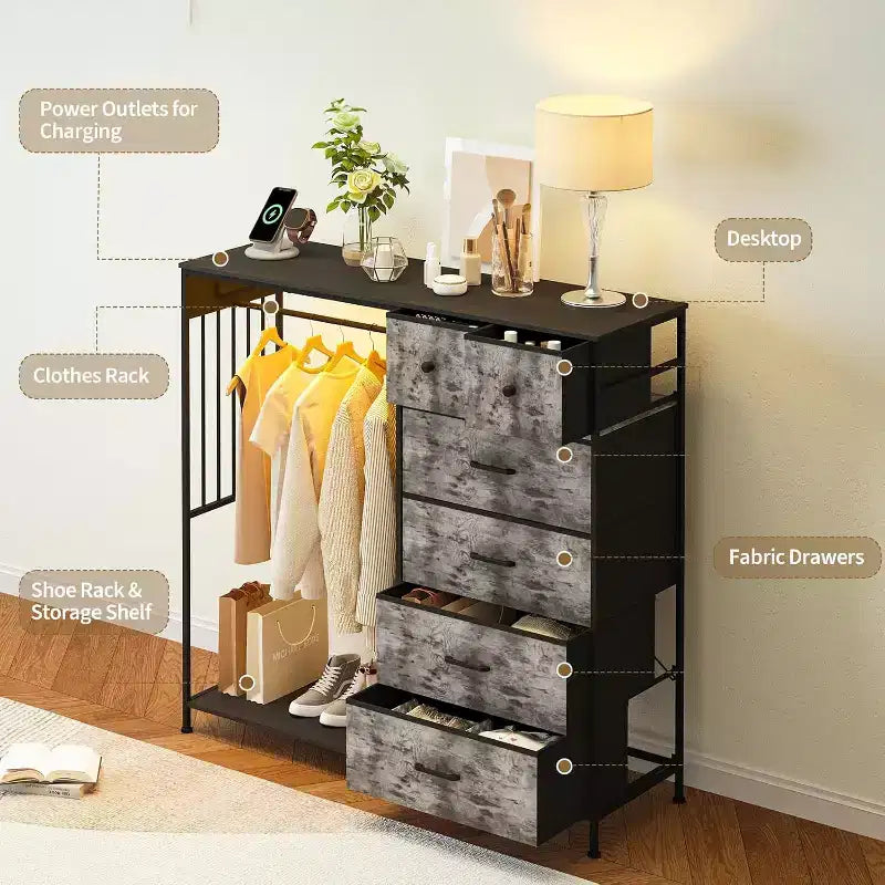 COZONY 49 Commode avec tringle et lumières LED, organiseur de placard à 6 tiroirs avec station de charge, tour de rangement haute, commode à plateau en bois réversible