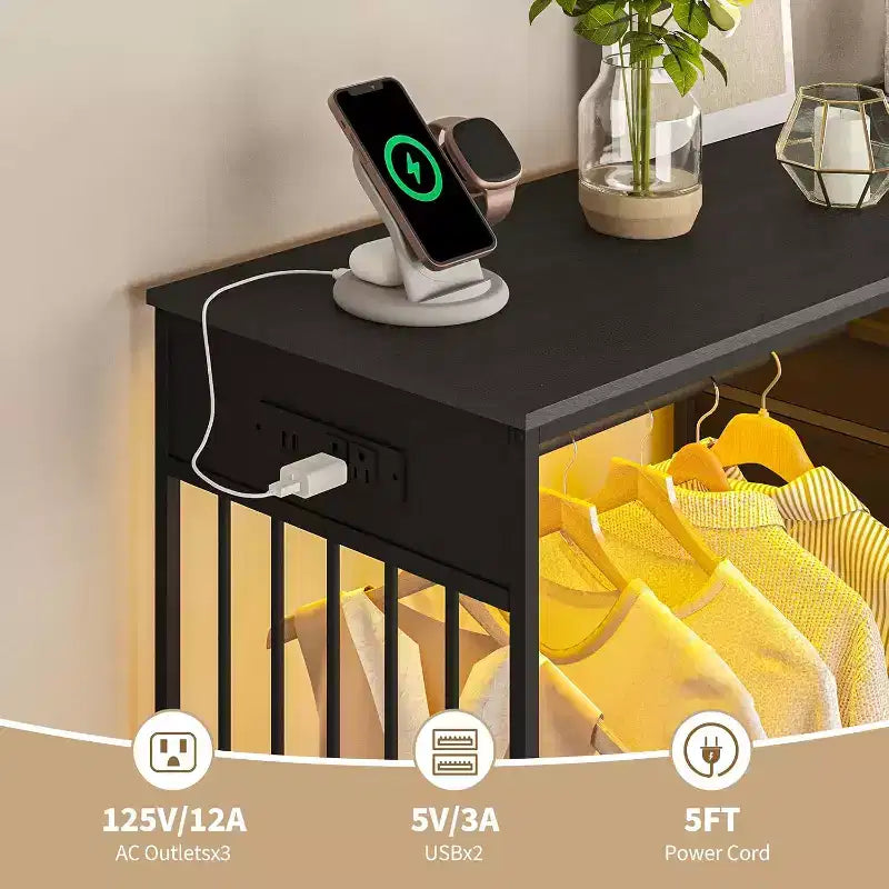 COZONY 49 Commode avec tringle et lumières LED, organiseur de placard à 6 tiroirs avec station de charge, tour de rangement haute, commode à plateau en bois réversible