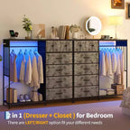 COZONY 49 Commode avec tringle et lumières LED, organiseur de placard à 6 tiroirs avec station de charge, tour de rangement haute, commode à plateau en bois réversible