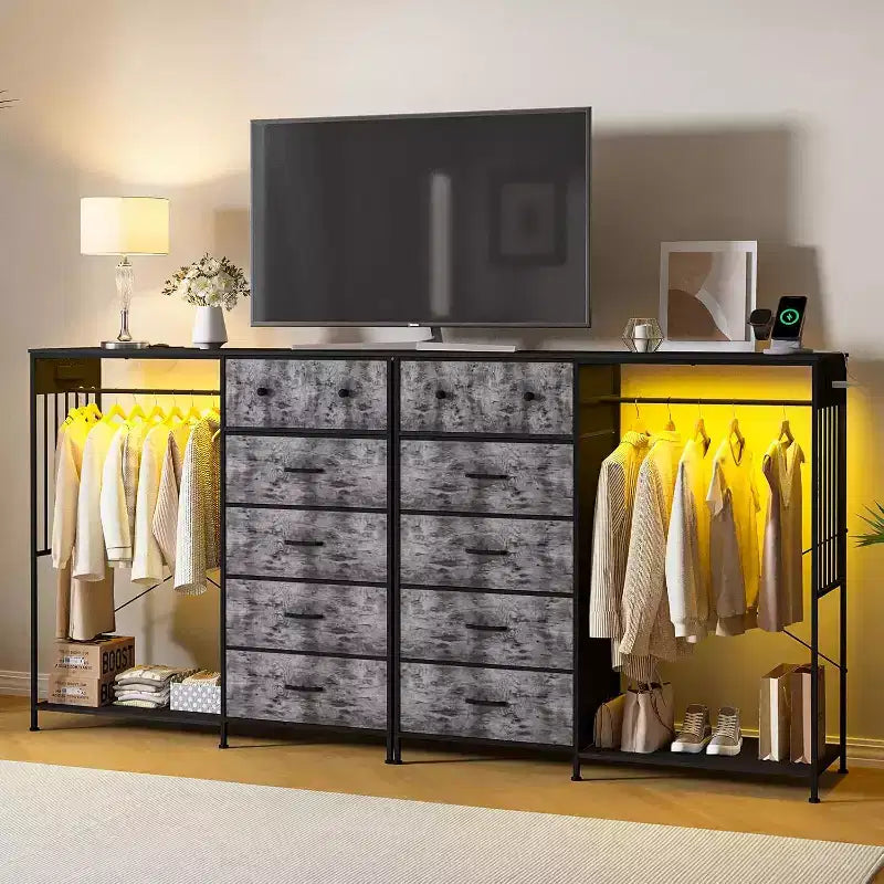 COZONY 49 Commode avec tringle et lumières LED, organiseur de placard à 6 tiroirs avec station de charge, tour de rangement haute, commode à plateau en bois réversible