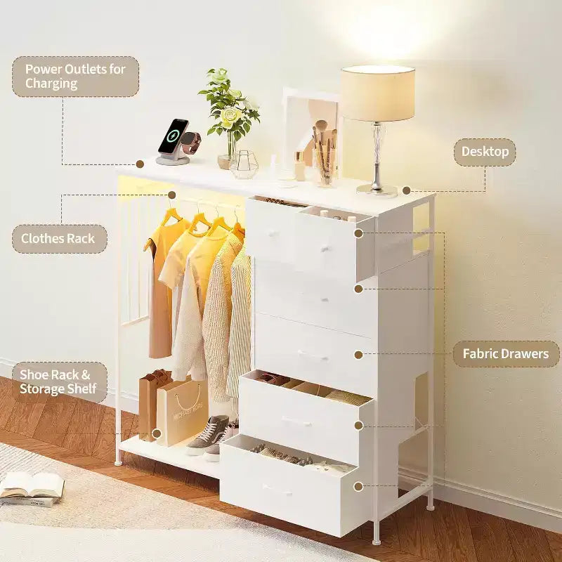 COZONY 49 Commode avec tringle et lumières LED, organiseur de placard à 6 tiroirs avec station de charge, tour de rangement haute, commode à plateau en bois réversible