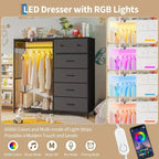COZONY 49 Commode avec tringle et lumières LED, organiseur de placard à 6 tiroirs avec station de charge, tour de rangement haute, commode à plateau en bois réversible