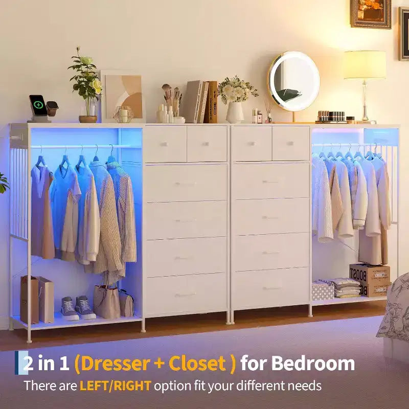 COZONY 49 Commode avec tringle et lumières LED, organiseur de placard à 6 tiroirs avec station de charge, tour de rangement haute, commode à plateau en bois réversible