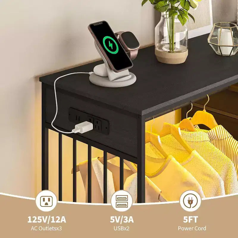 COZONY 49 Commode avec tringle et lumières LED, organiseur de placard à 6 tiroirs avec station de charge, tour de rangement haute, commode à plateau en bois réversible