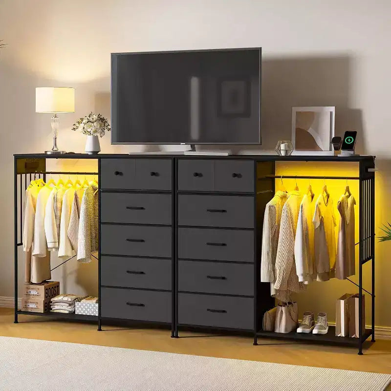COZONY 49 Commode avec tringle et lumières LED, organiseur de placard à 6 tiroirs avec station de charge, tour de rangement haute, commode à plateau en bois réversible