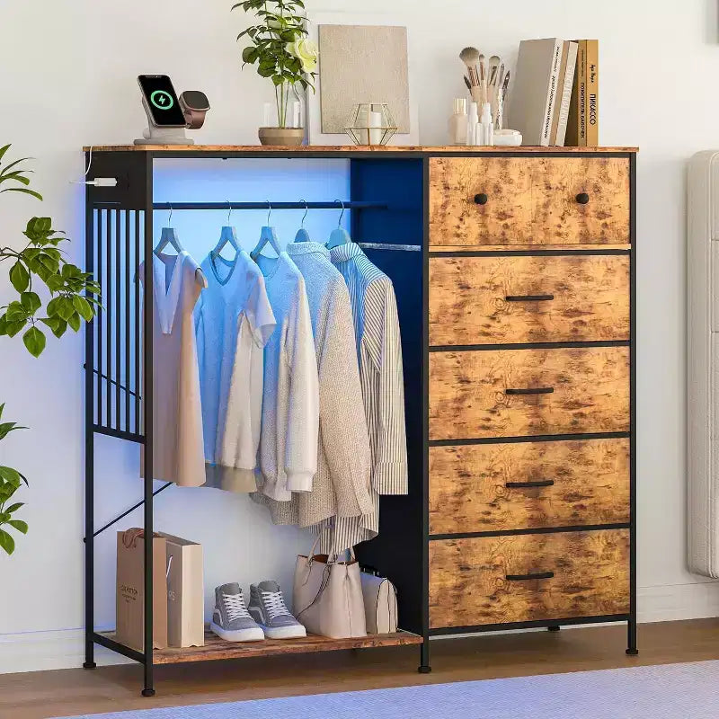 COZONY 49 Commode avec tringle et lumières LED, organiseur de placard à 6 tiroirs avec station de charge, tour de rangement haute, commode à plateau en bois réversible