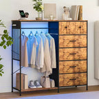 COZONY 49 Commode avec tringle et lumières LED, organiseur de placard à 6 tiroirs avec station de charge, tour de rangement haute, commode à plateau en bois réversible