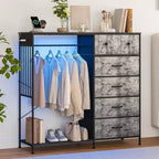 COZONY 49 Commode avec tringle et lumières LED, organiseur de placard à 6 tiroirs avec station de charge, tour de rangement haute, commode à plateau en bois réversible