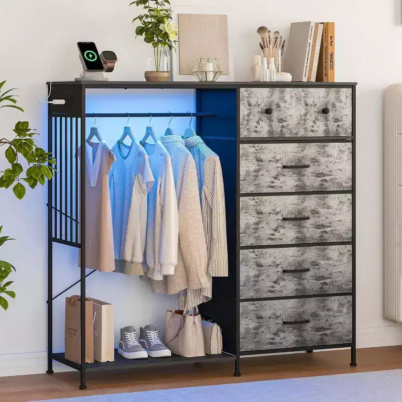 COZONY 49 Commode avec tringle et lumières LED, organiseur de placard à 6 tiroirs avec station de charge, tour de rangement haute, commode à plateau en bois réversible