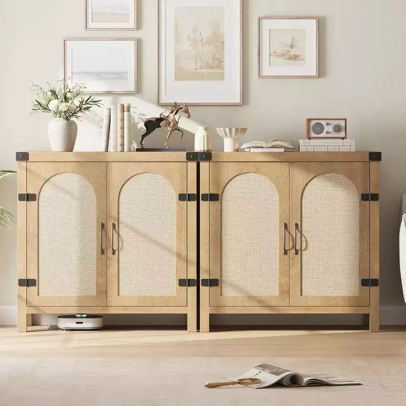 Bahut en rotin, buffet de rangement de style ferme avec accents en bois bohème, bar à café parfait pour la cuisine, la salle à manger et le salon, couloir