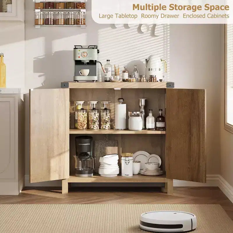 Bahut en rotin, buffet de rangement de style ferme avec accents en bois bohème, bar à café parfait pour la cuisine, la salle à manger et le salon, couloir