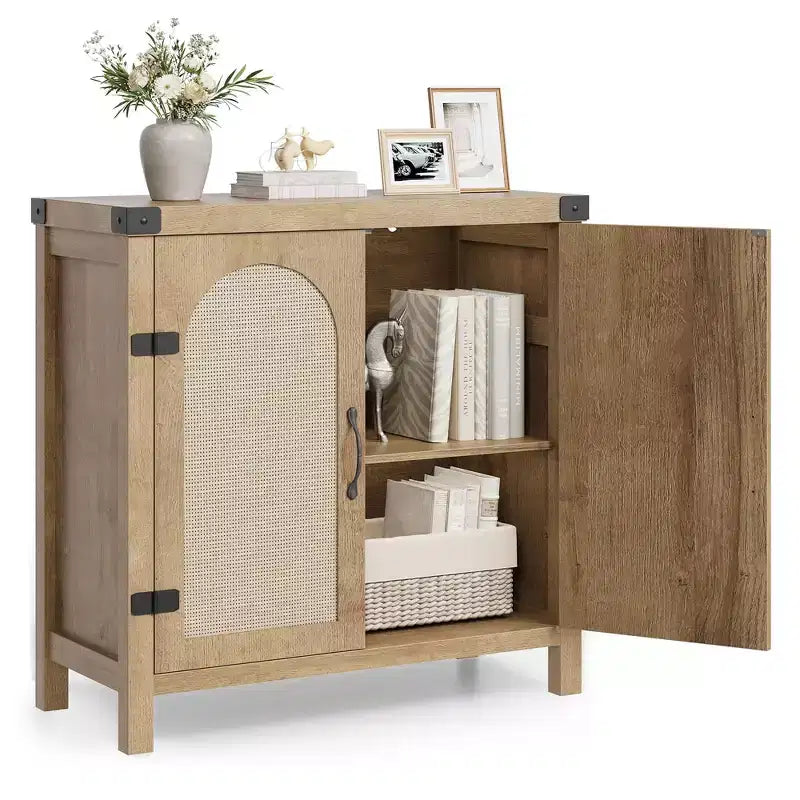 Bahut en rotin, buffet de rangement de style ferme avec accents en bois bohème, bar à café parfait pour la cuisine, la salle à manger et le salon, couloir