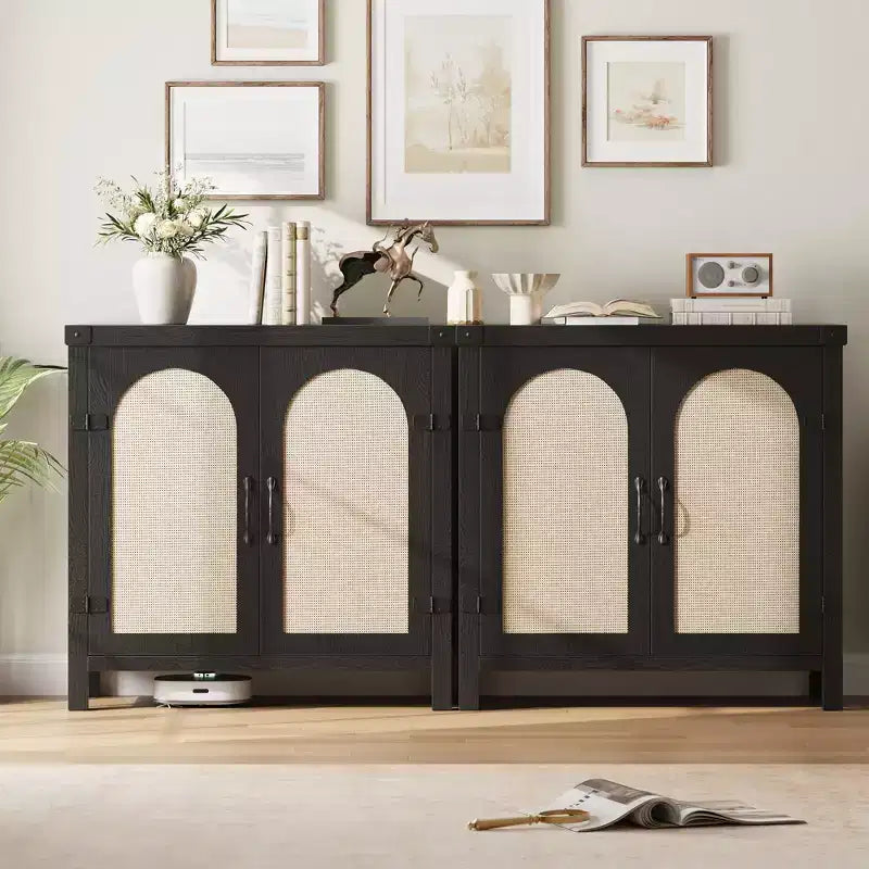 Bahut en rotin, buffet de rangement de style ferme avec accents en bois bohème, bar à café parfait pour la cuisine, la salle à manger et le salon, couloir
