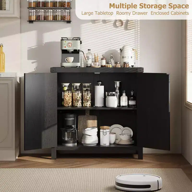 Bahut en rotin, buffet de rangement de style ferme avec accents en bois bohème, bar à café parfait pour la cuisine, la salle à manger et le salon, couloir