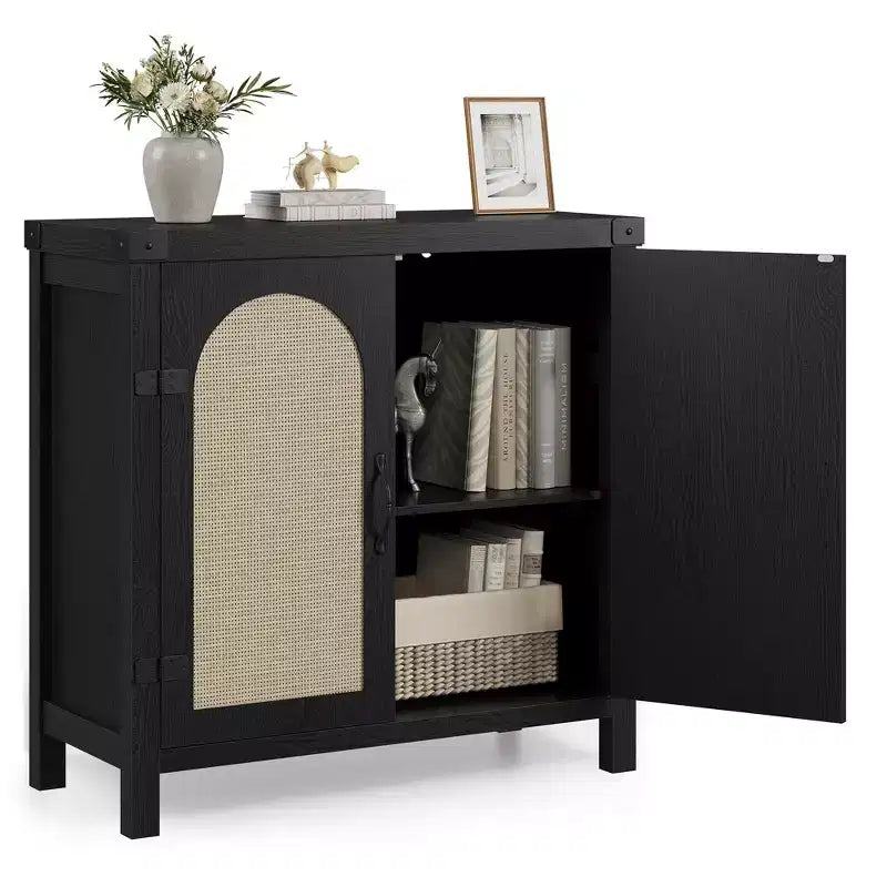 Bahut en rotin, buffet de rangement de style ferme avec accents en bois bohème, bar à café parfait pour la cuisine, la salle à manger et le salon, couloir