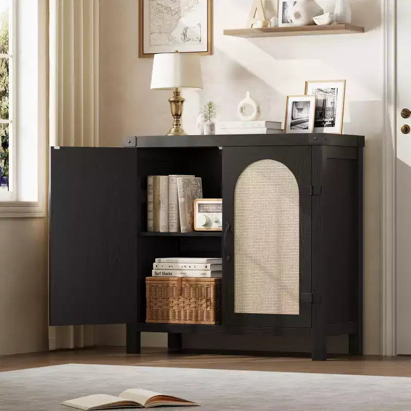 Rattan Sideboard Cabinet,Farmhouse Storage Buffet with Boho Wooden Accents, Perfect Coffee Bar for Kitchen, Dining & Living Room,Hallway