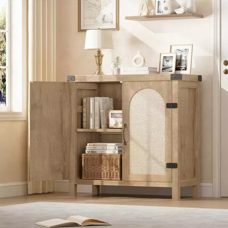 Bahut en rotin, buffet de rangement de style ferme avec accents en bois bohème, bar à café parfait pour la cuisine, la salle à manger et le salon, couloir