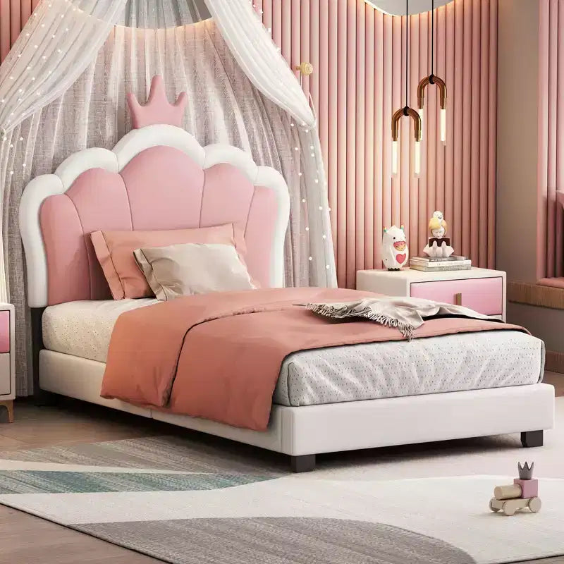 Lit de princesse rembourré MAYEERTY double avec tête de lit et pied de lit en forme de couronne pour chambre à coucher, rose crème
