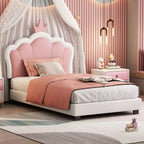 Lit de princesse rembourré MAYEERTY double avec tête de lit et pied de lit en forme de couronne pour chambre à coucher, rose crème